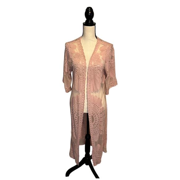 Rebellion Again Pink Sheer Floral Lace Long Open Front Cover Up Womens Sz Medium - Picture 2 of 7